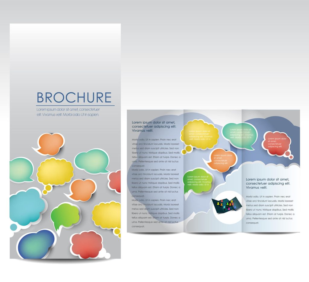 Stock image of tri-fold brochure template in grey with message bubbles