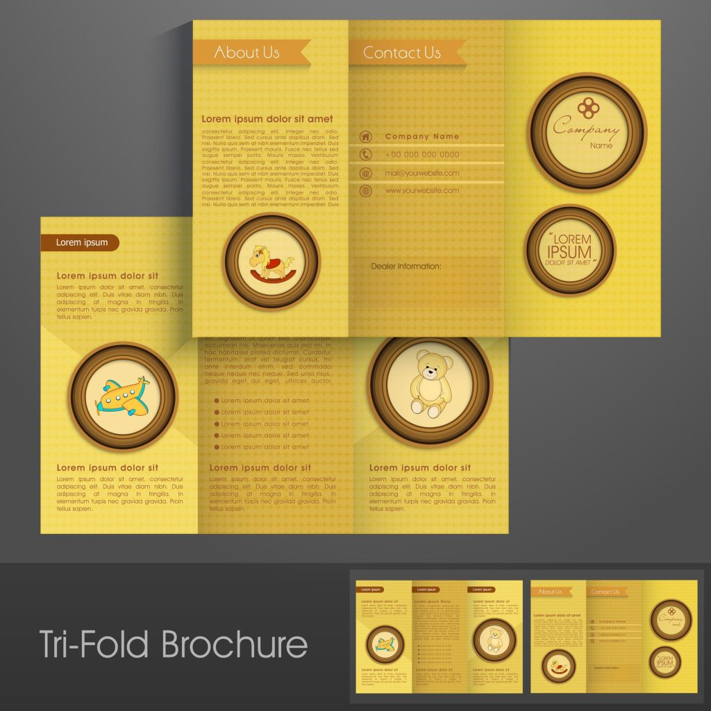 stock image of tri-fold brochure template in bright yellow