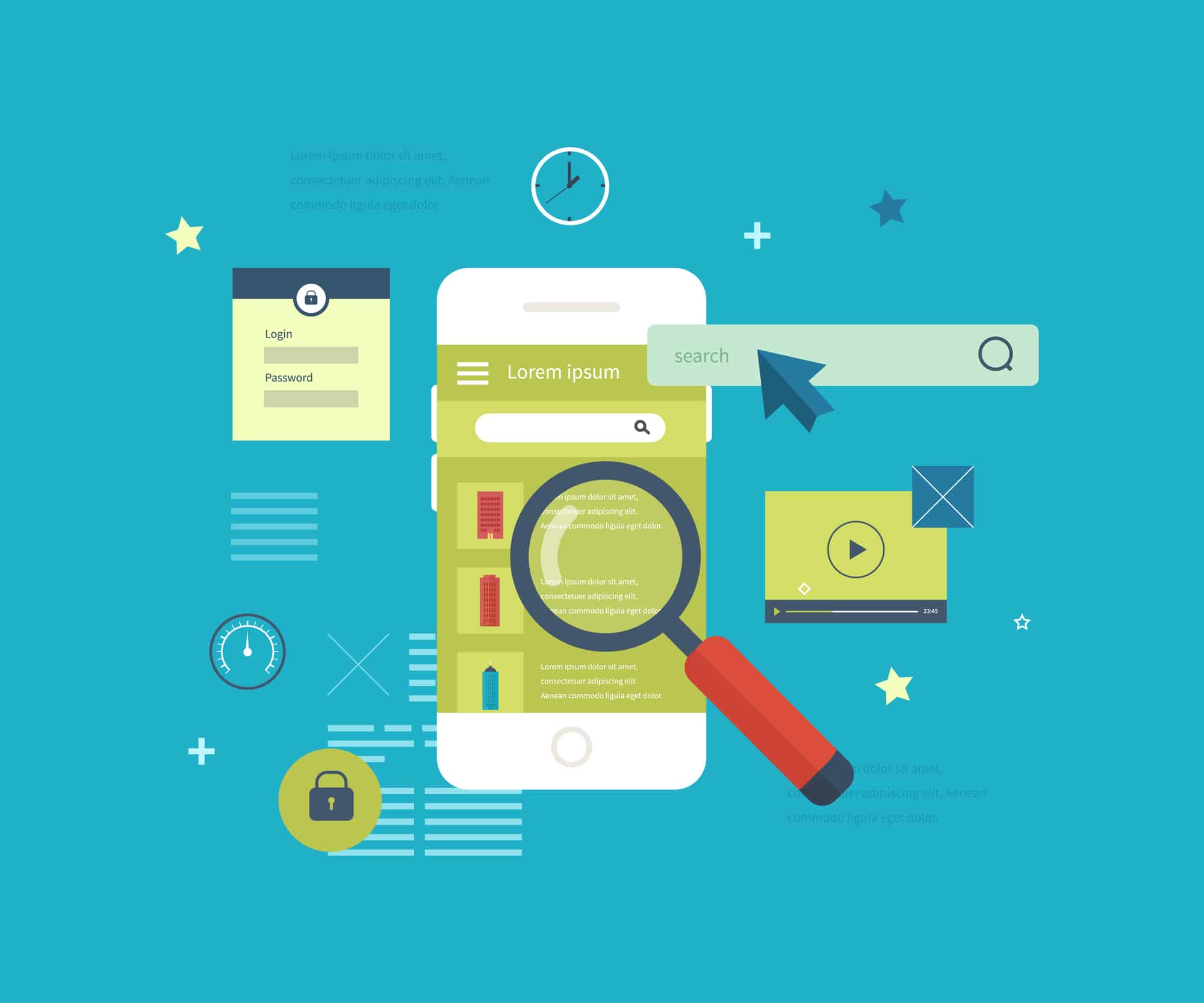 Stock illustration of mobile app screen and magnifying glass