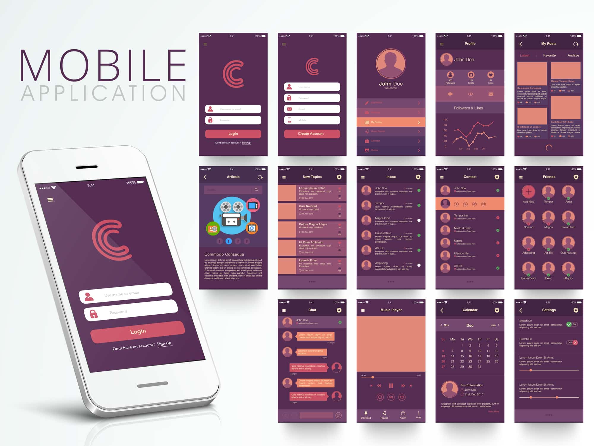 Mock ups of mobile application screens