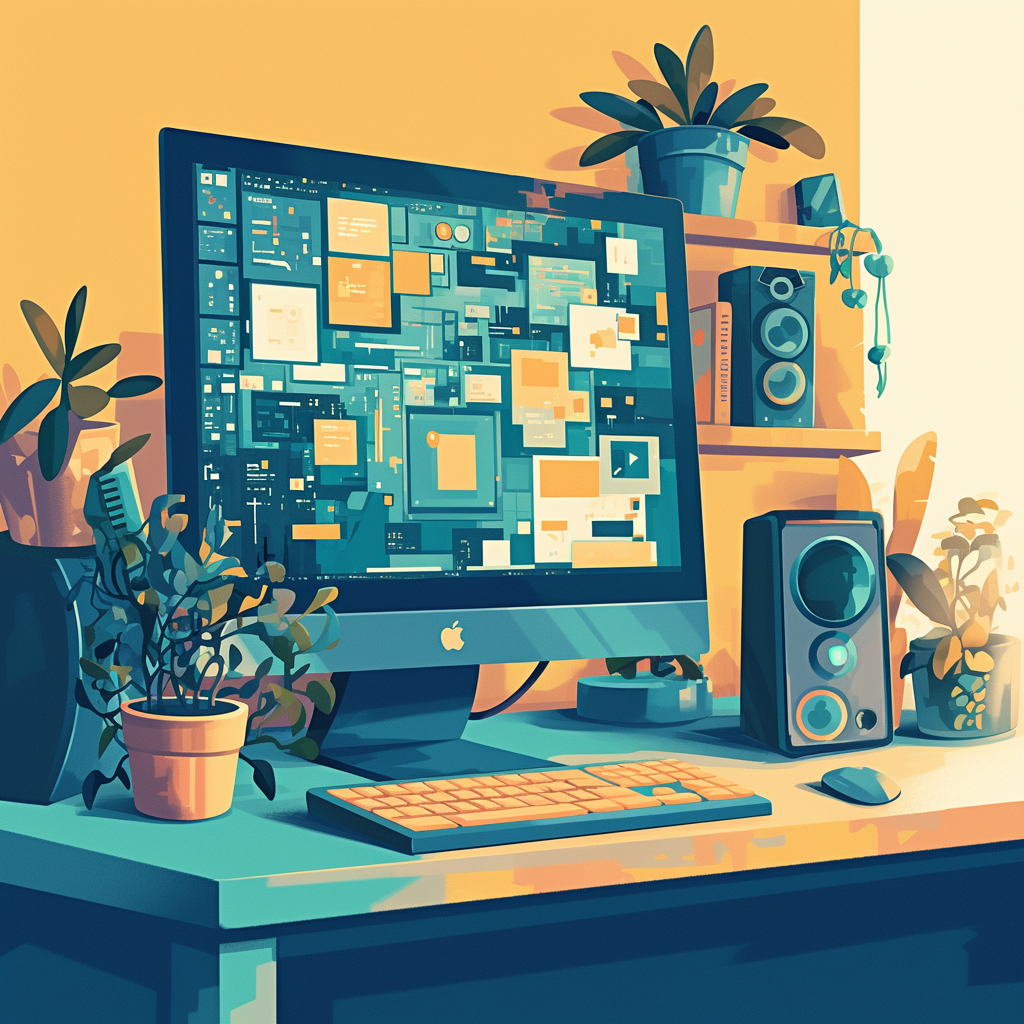 A desk with a plant and a speaker and a computer monitor 