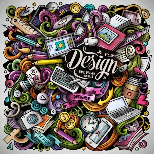 Design with lotos of colorful images and randsom sketches shown