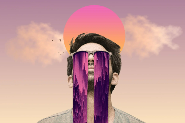 A man wearing sunglasses with the color purple pouring out of the glasses. 