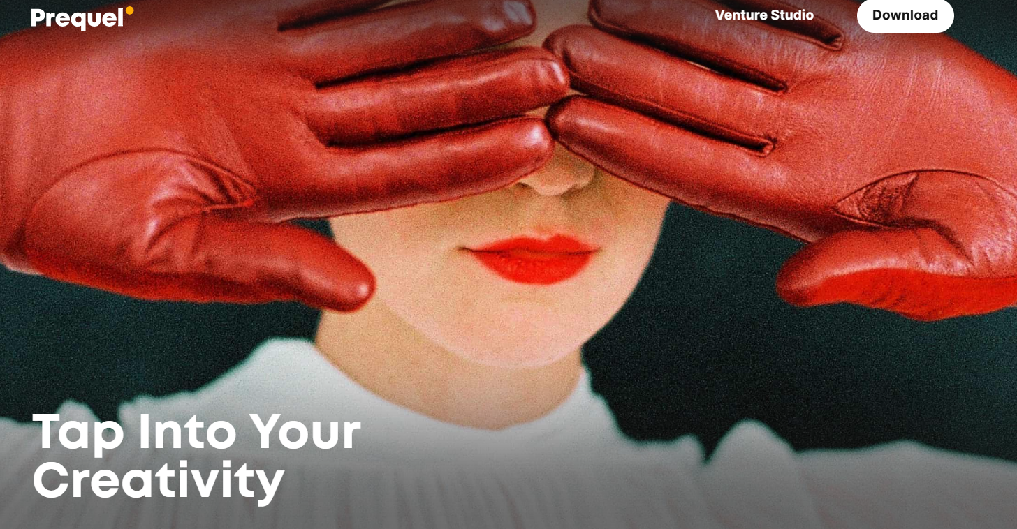 Image of woman with red lip stick on holding her hands in front of her face, while she is wearing red gloves. 