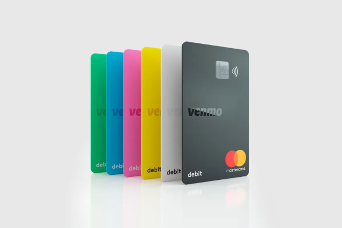 A line of colorful credit cars with the text Venmo on them