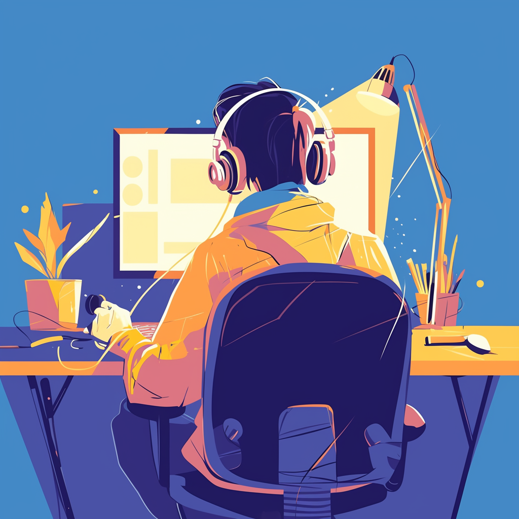 Image of the back of a person shown with a computer screen in front of them