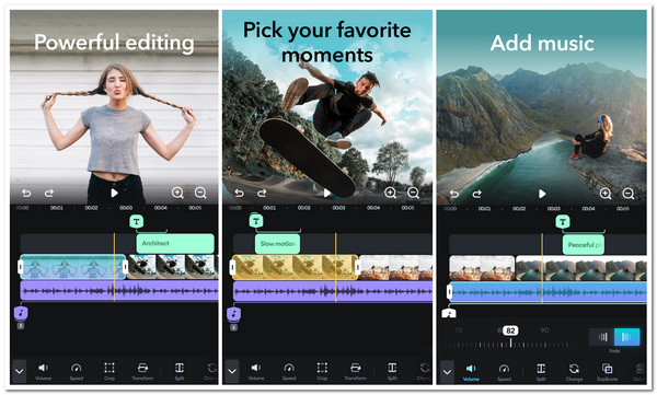 Images of a video editing program shown on a mobile screen