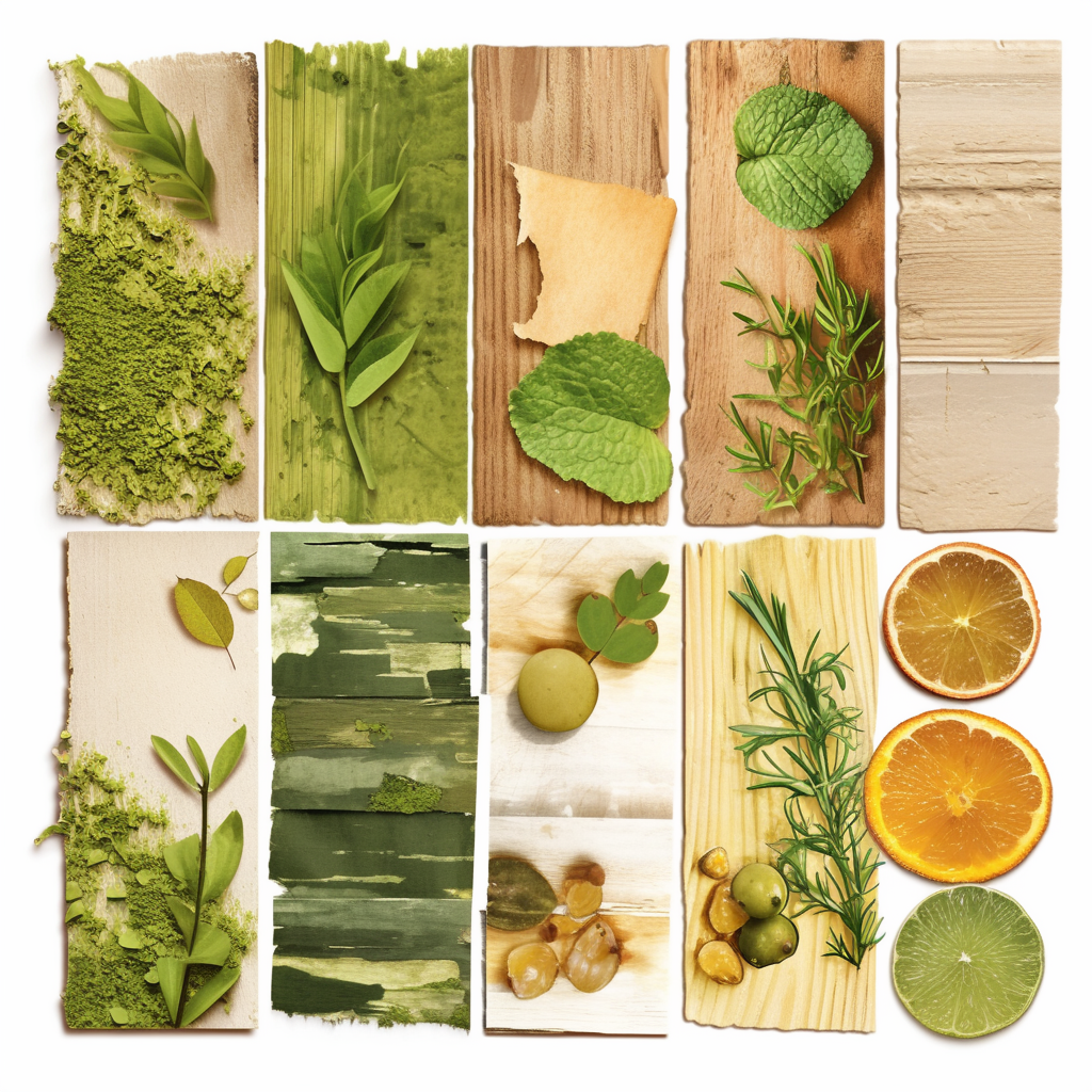 Natural textures being used in design, including leaves and fruit