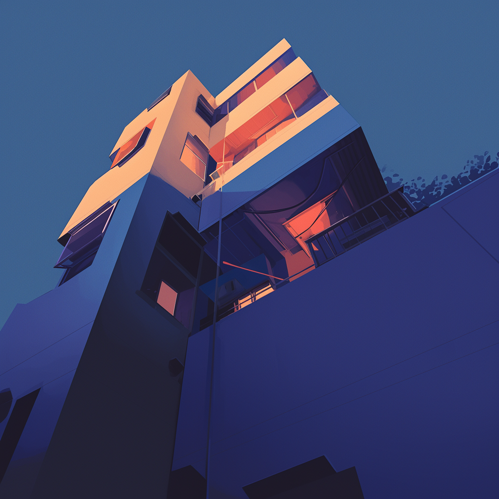 Looking up at a modern style house that has  the bottom part in shadows