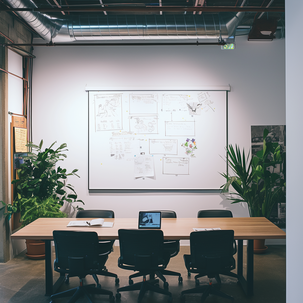 White board on a wall with a large table and six black office chairs in front of it
