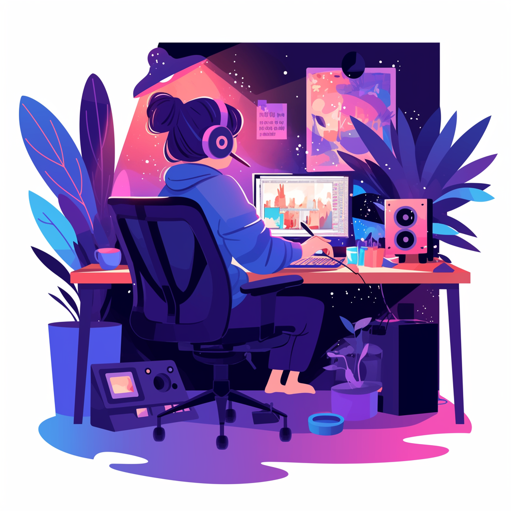 Woman wearing headphones working at a computer