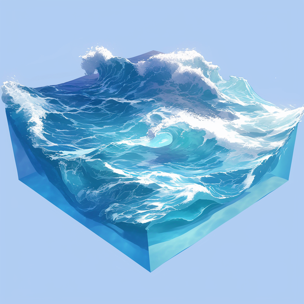 A square 3D graphic of blue waves splashing