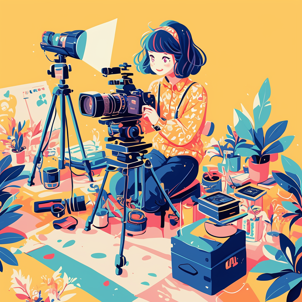 Girl kneeling behind a camera filming
