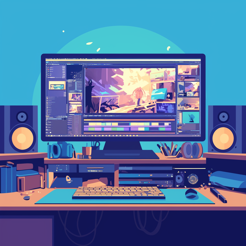 computer sitting on a table showing the video editing process