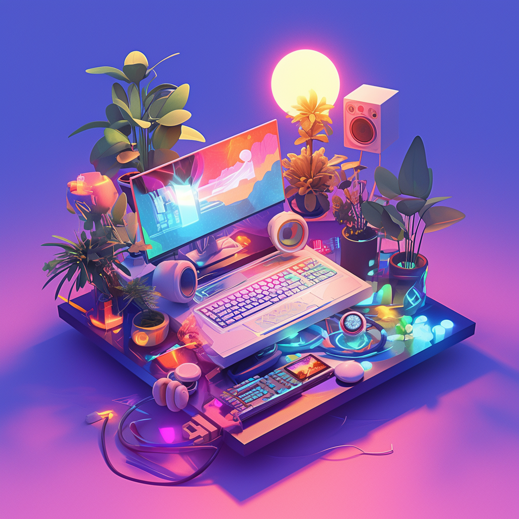 Colorful computer sitting on a table with plants around it