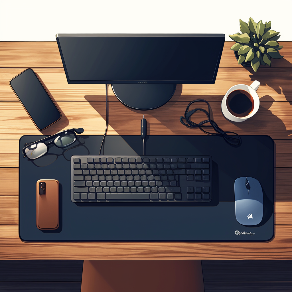 Downward view of a computer on a desk with coffee, glasses, and a cell phone